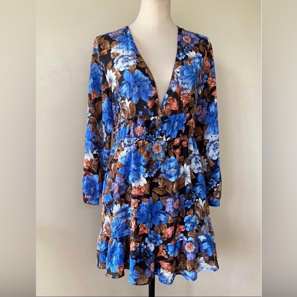 Zara Floral Print Mini Dress Long Sleeve Blue Brown Ruffle Cottage Preppy Small